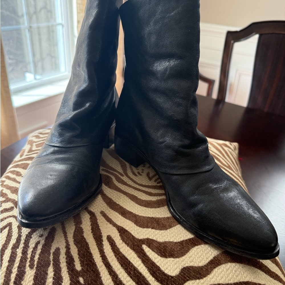 Moma Black Leather Mid-Calf Ankle Boots